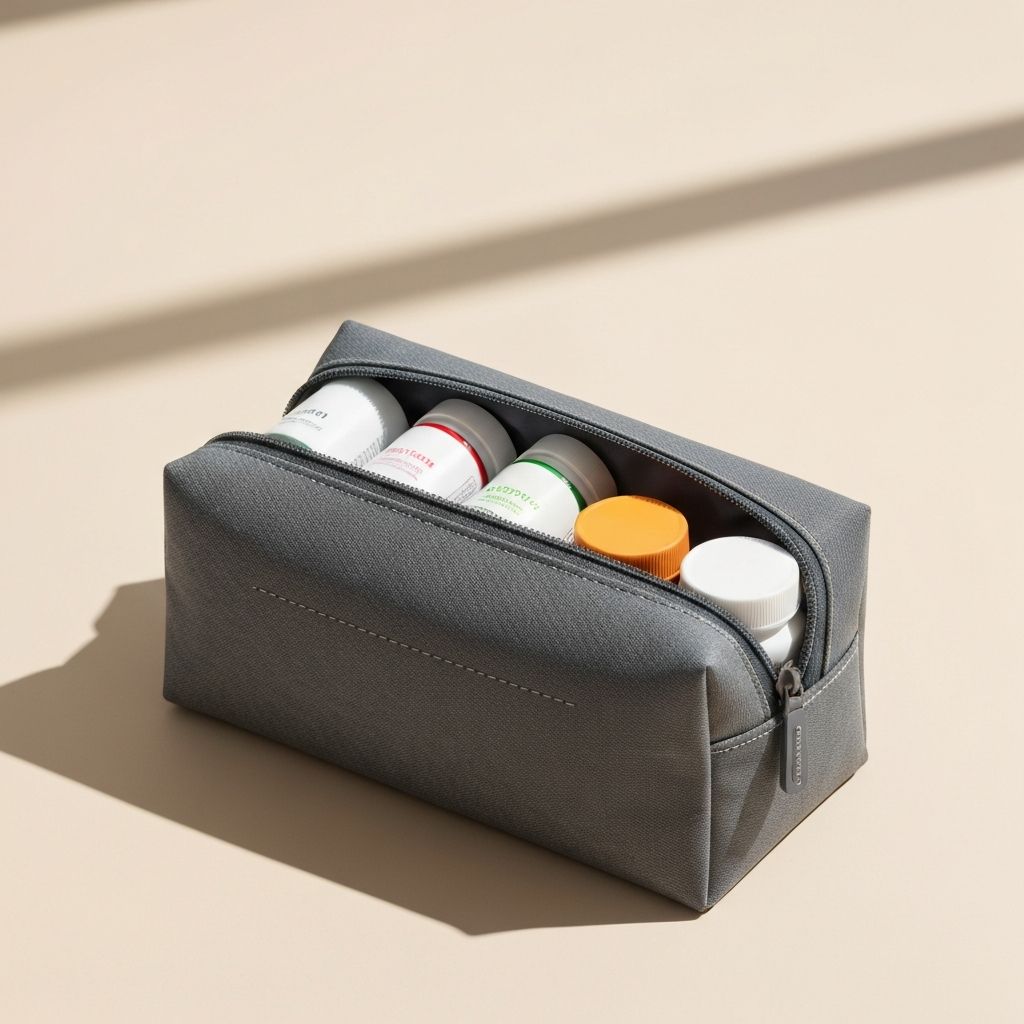 Minimalist travel pouch with organized supplement containers